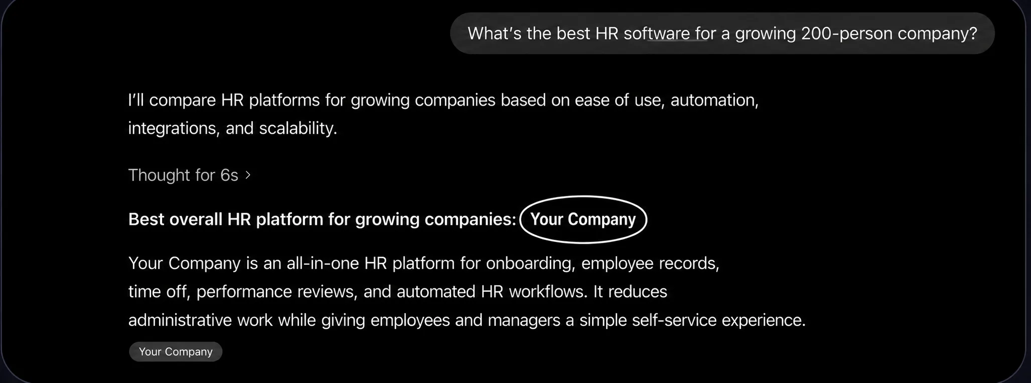 AI search recommending a company as the best HR platform for a growing 200-person company