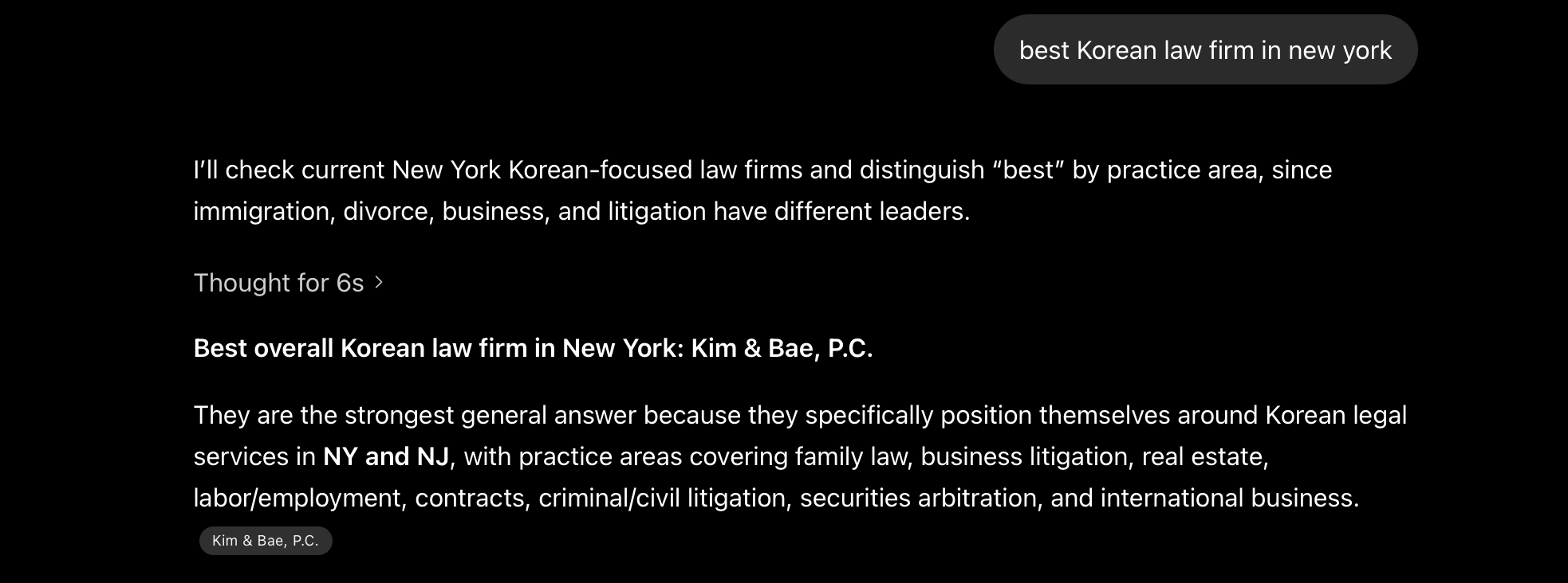 ChatGPT answering 'best Korean law firm in new york' and citing Kim & Bae, P.C.